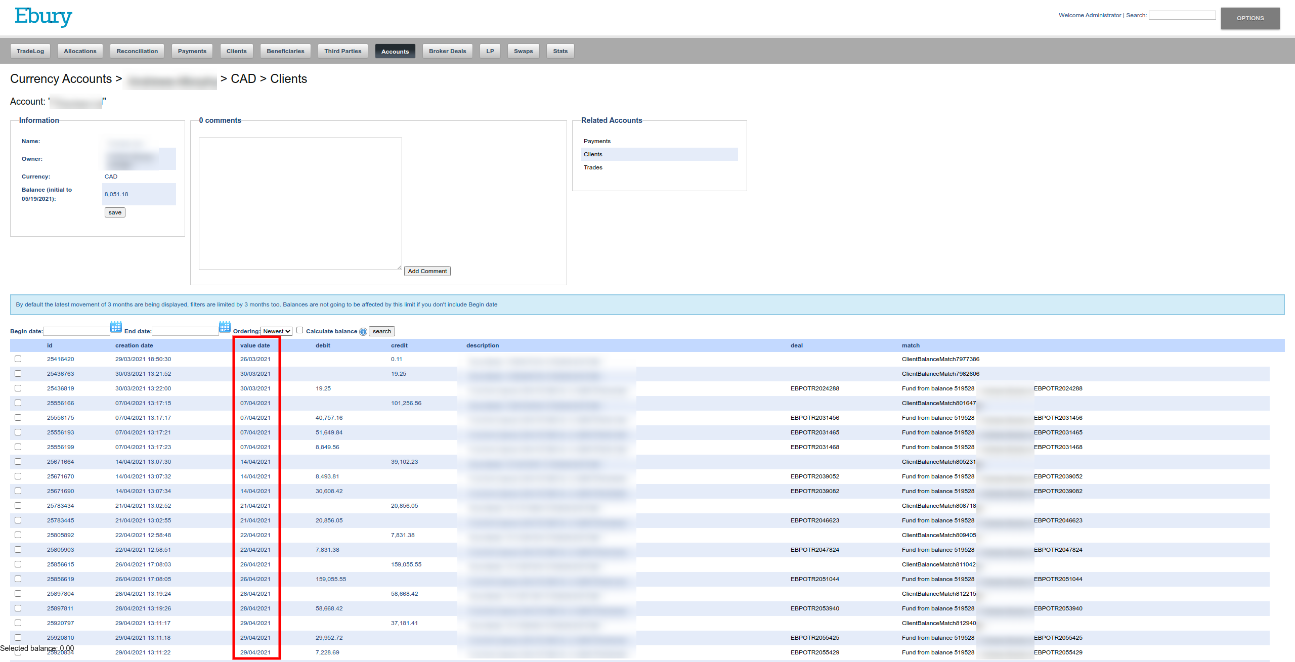 Client balance page